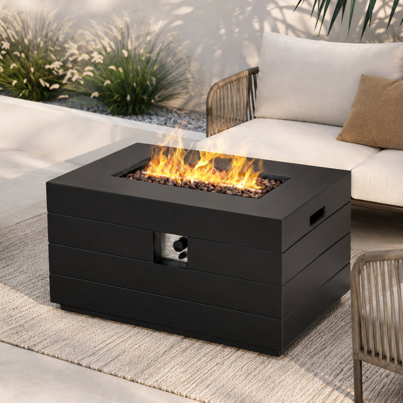 Rectangle Concrete Propane Fire Pit Table with Hidden Fuel Tank
