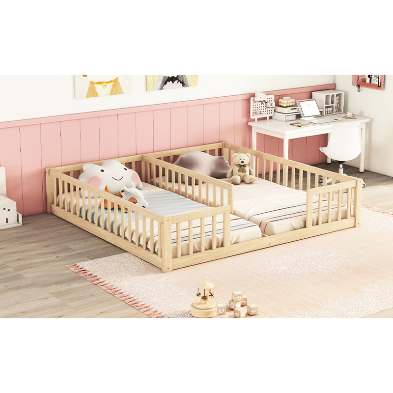 Lit simple au sol avec garde-corps - Bois naturel pour une nuit de détente et de sommeil, Natural
