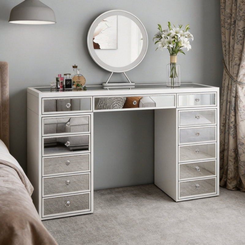 Ninian Vanity Dressing Table with 13-Drawers Glass top 130cm Wide, White/Silver