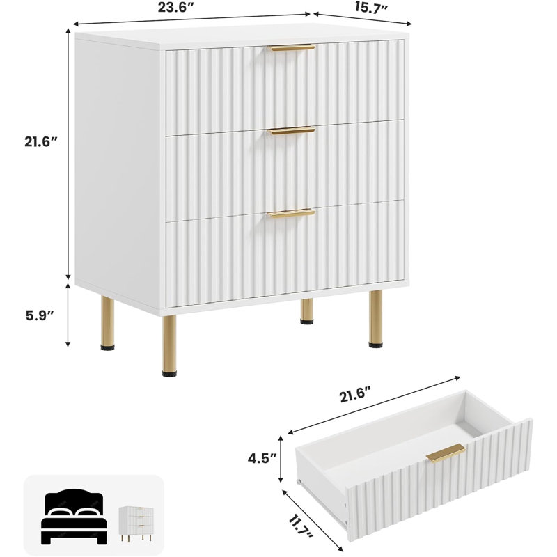 Commode 3 tiroirs pour chambre à coucher, Blanc