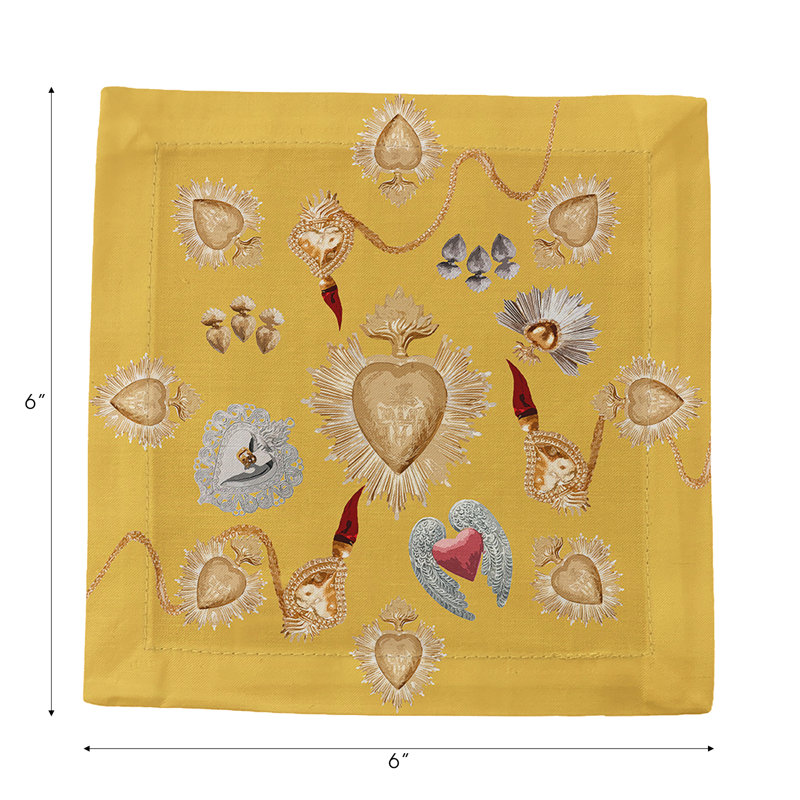 Ex Vote Sacred Hearts Cotton Sateen Cocktail Napkins, Gold