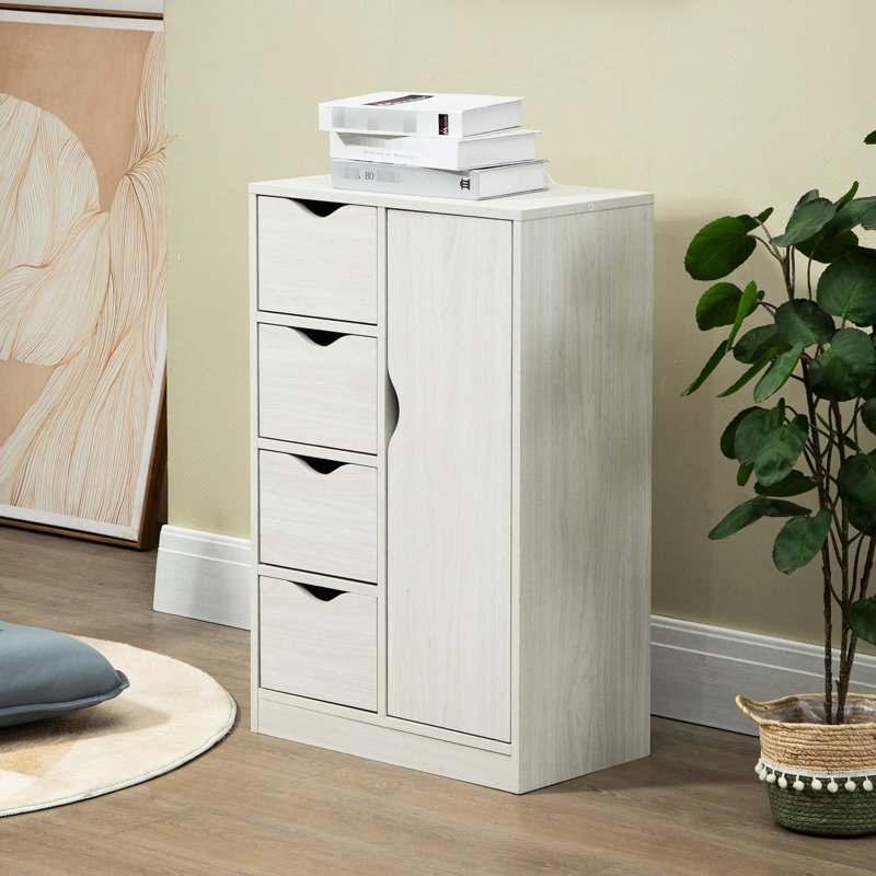 Armoire autoportante à grain de bois blanc pour salle de bain, 4 tiroirs et porte, structure, sangle de basculement, capacité de rangement de 88 lb avec porte pour salle de bain, style, panneau de particules, sécurité, moderne