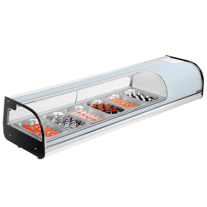 Réfrigérateur à vitrine à sushi, caisse à sushi commerciale de 2,2 pieds cubes, vitrine de comptoir à 6 casseroles avec verre courbé, éclairage DEL et contrôle numérique de la température, pour bar à sushi, restaurant, magasin