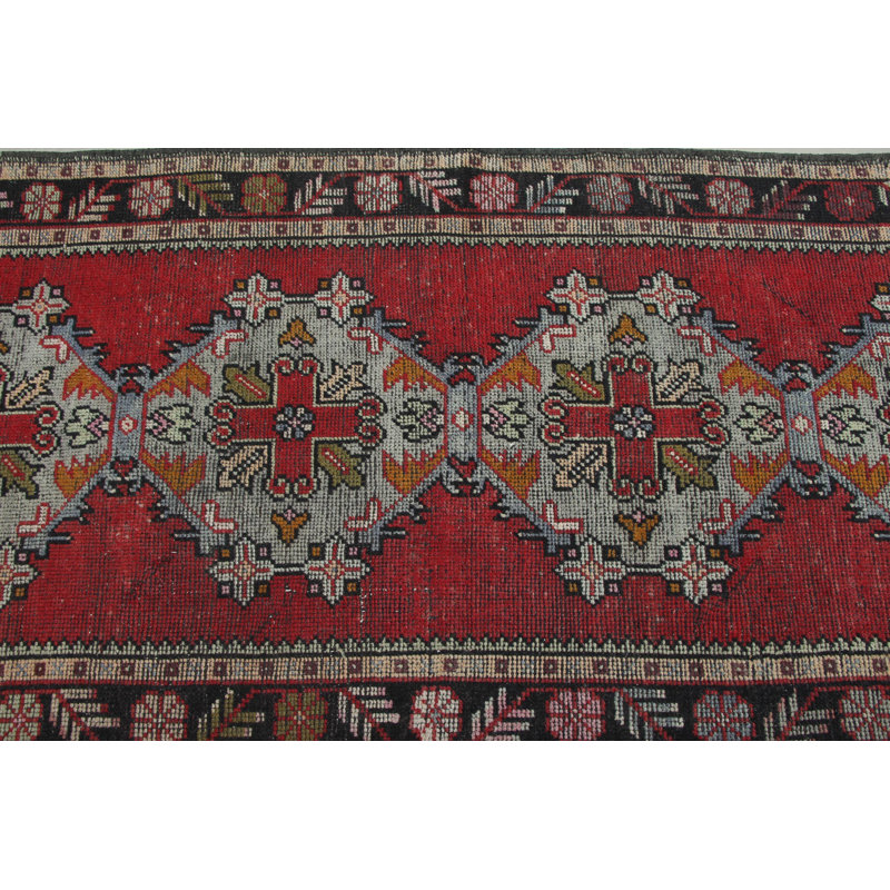 Tapis de couloir turc vintage rouge en laine avec pampilles pour la cuisine ou les escaliers
