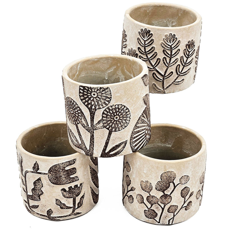Set Of 4 Sand And Cement Planters With Botanical Motifs