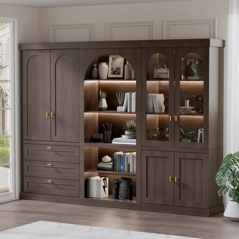 Ensemble de 3 armoires de rangement autoportantes arquées avec portes en verre et éclairage à DEL, Armoire standard