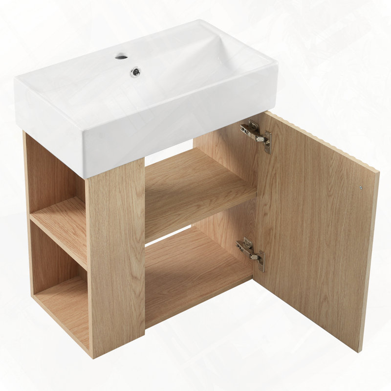 Petit meuble-lavabo flottant avec lavabo en céramique sur le côté gauche, Bois