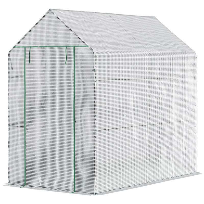 White Steel Walk-In Greenhouse with Shelves and Roll-Up Door