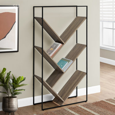 Contemporary 3-Tier Etagere Bookshelf With Slanted Shelves, Wood-Look, And Slim Metal Frame
