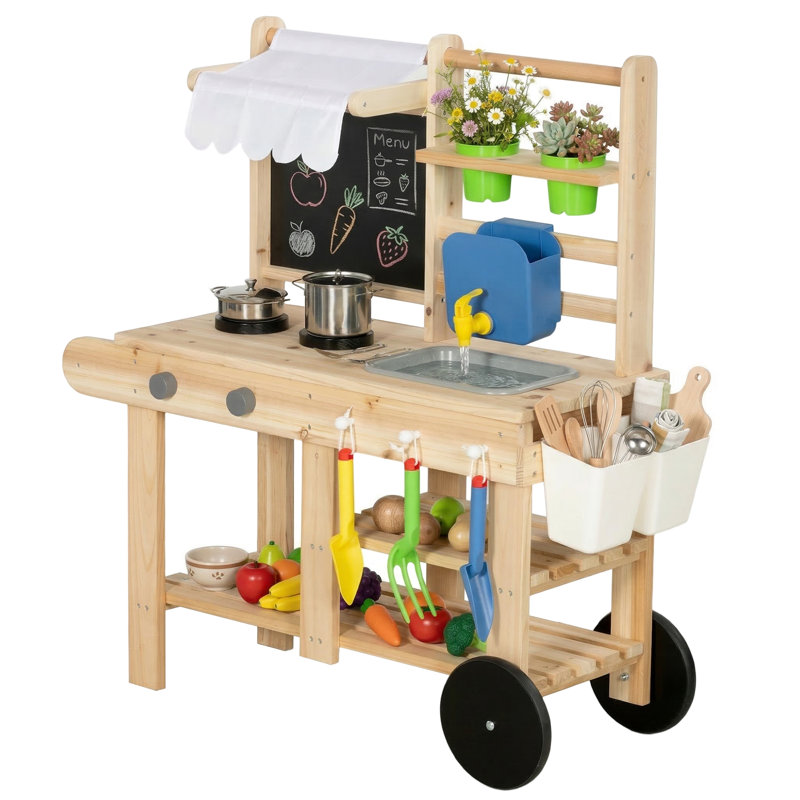 AIYAPLAY Mud Kitchen for Kids Outdoor, Removable Sink, Stove, Natural Wood