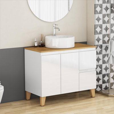 Meuble-lavabo moderne avec lavabo rond en céramique, 2 portes et 2 grands tiroirs