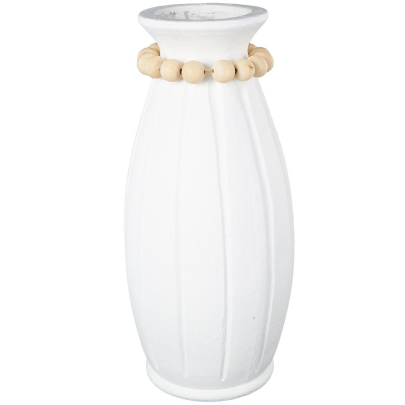 Cole And Grey Magnesium Oxide Wide Decorative Vase With Light Brown Beads And Carved Grooves, 20.3" H x 9.2" W x 9.2" D