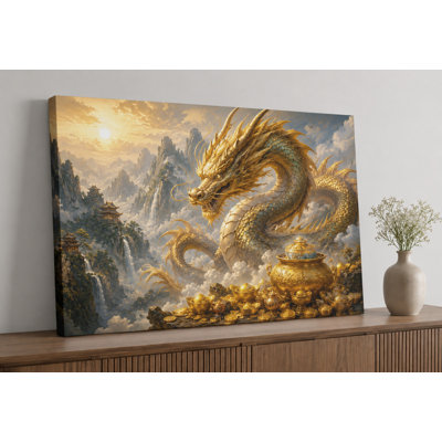 Large Chinese Feng Shui Waterfall Dragon Mountain Sanctuary Wall Art Canvas Print 24x36 Inch Ancient Power Decor Fantasy Creature Artwork for Living Room Office Home Decor - Ready to hang