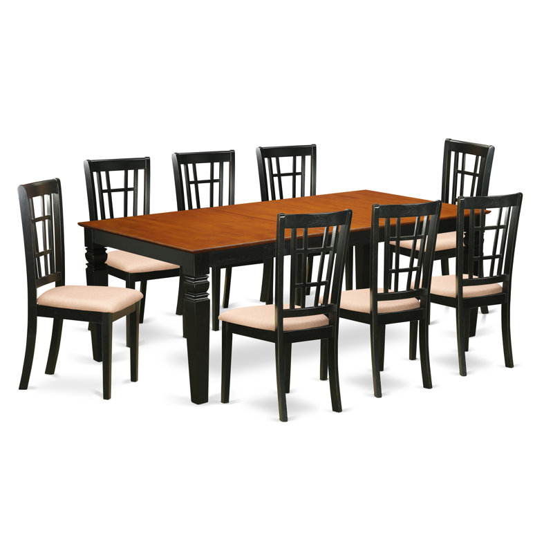 9 Piece Dining Table Set Includes a Rectangle Wooden Table with Butterfly Leaf and 8 Linen Fabric Dining Room Chairs, Black & Cherry