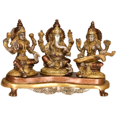 6-Inch Hindu Trinity Brass Statue Set - Handcrafted Lakshmi, Ganesha & Saraswati Sculptures for Home Temple, Meditation Space & Spiritual Decor