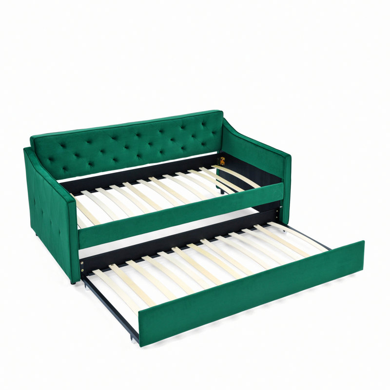 Tufted Daybed With Trundle, Upholstered Bed With Arms, Green