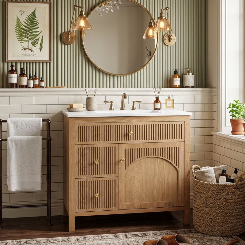 Armoire de meuble-lavabo 30 po Farmhouse, placage en bois d'acacia avec tiroirs profonds et portes à chevrons (naturel)