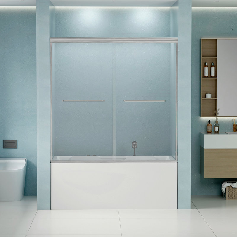 56"-60" W X 58" H Double Sliding Bathtub Shower Door, Semi-Frameless Bypass Tub Door, 1/4" (6Mm) Tempered Glass With Explosion-Proof Film, Adjustable Aluminum Alloy Frame