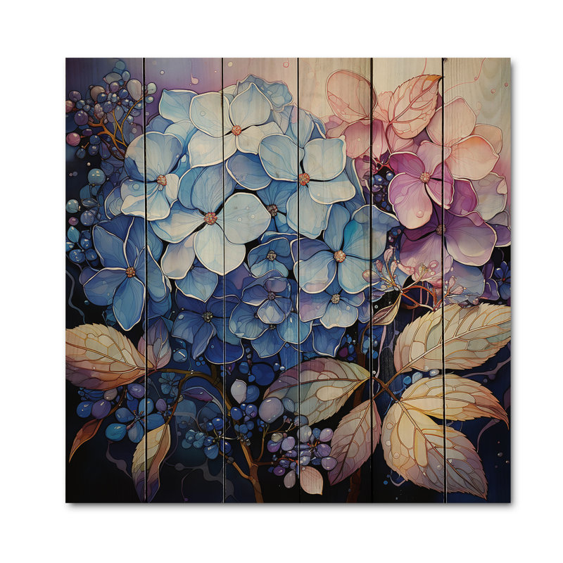 «Jamerria», hortensia bleu et rose, hortensia, impression sur bois, H 35 po x l 35 po x P 0,78 po
