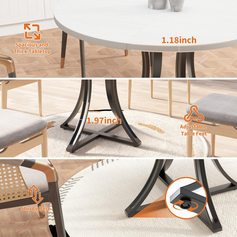 Modern Industrial Farmhouse Round Dining Table, 2–6 Seater Pedestal Base Table With Wood Grain Finish, Easy Assembly, White