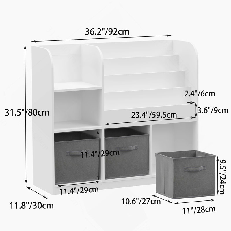 Kids Bookcase and Bookshelf, Multifunctional Bookcase with 3 Collapsible Fabric Drawers, Bookcase Display Stand