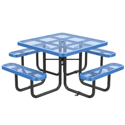 46 - Inch Square Blue Picnic Table With Umbrella Hole, 2.5Mm Steel Mesh Seats For Outdoor Recreation, 482.0Mm Tube Legs Robust Support, Hot Dip And Powder Coated To From Conditions, Comes Mounting