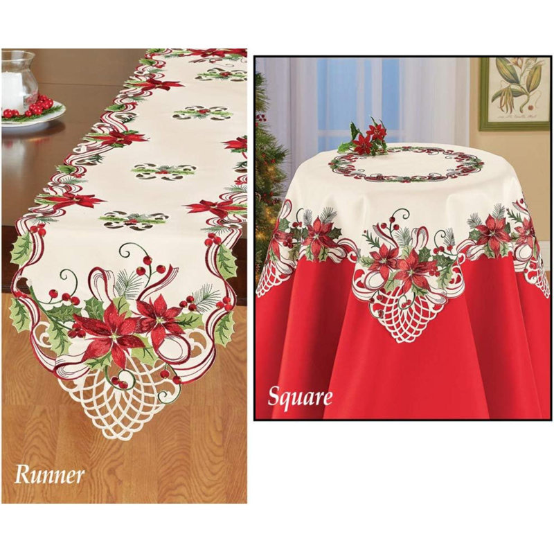 Pretty Poinsettia & Berries Christmas Table Linens, Square