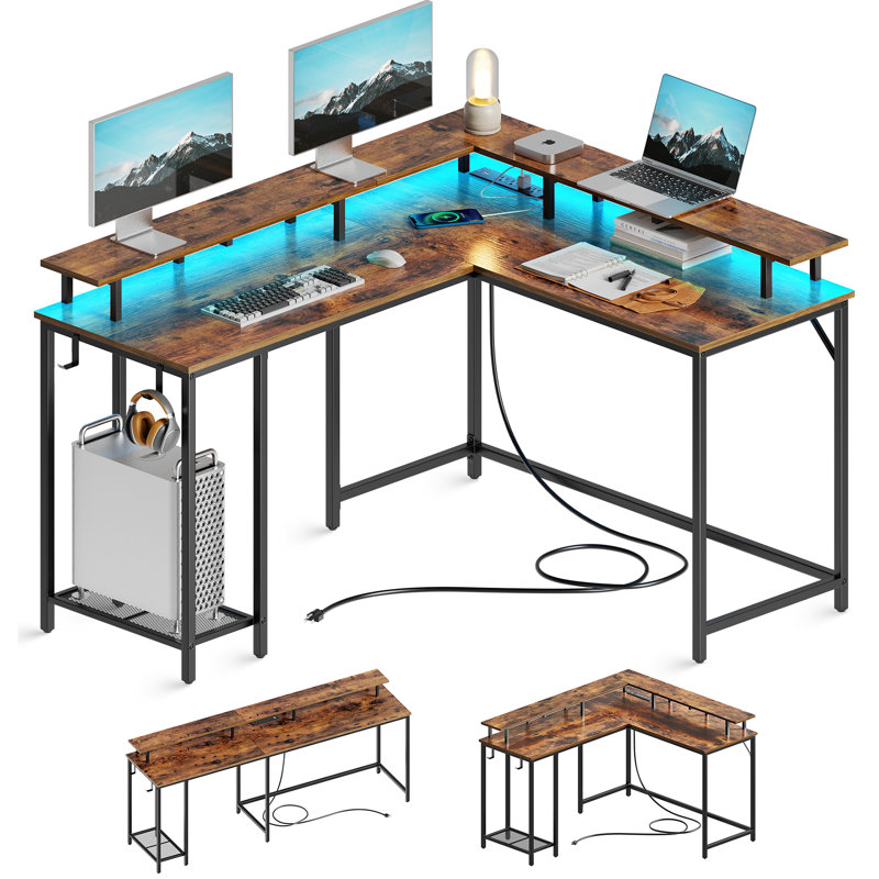 Kamai 54" L Shaped Computer Desk for Home Office Gaming Desk with LED Built-in Outlets with Storage Shelf, Rustic Brown/Black