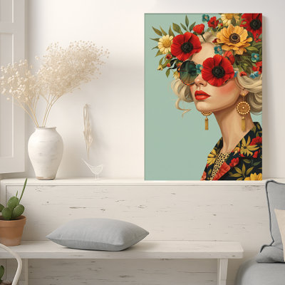Woman In Floral Jacket With Gold Earrings And Sunglasses Canvas Wall Art