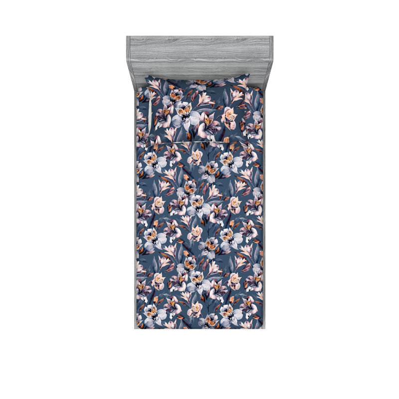 Drap-housse et taies décoratives 3 pièces Ambesonne, Bleu ardoise, orange, rose / floral