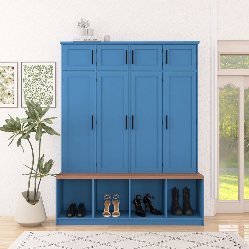 Armoire à chaussures Farmhouse 4 en 1, noyer, 4 crochets cachés, 8 portes, armoire à chaussures à compartiment ouvert, Bleu