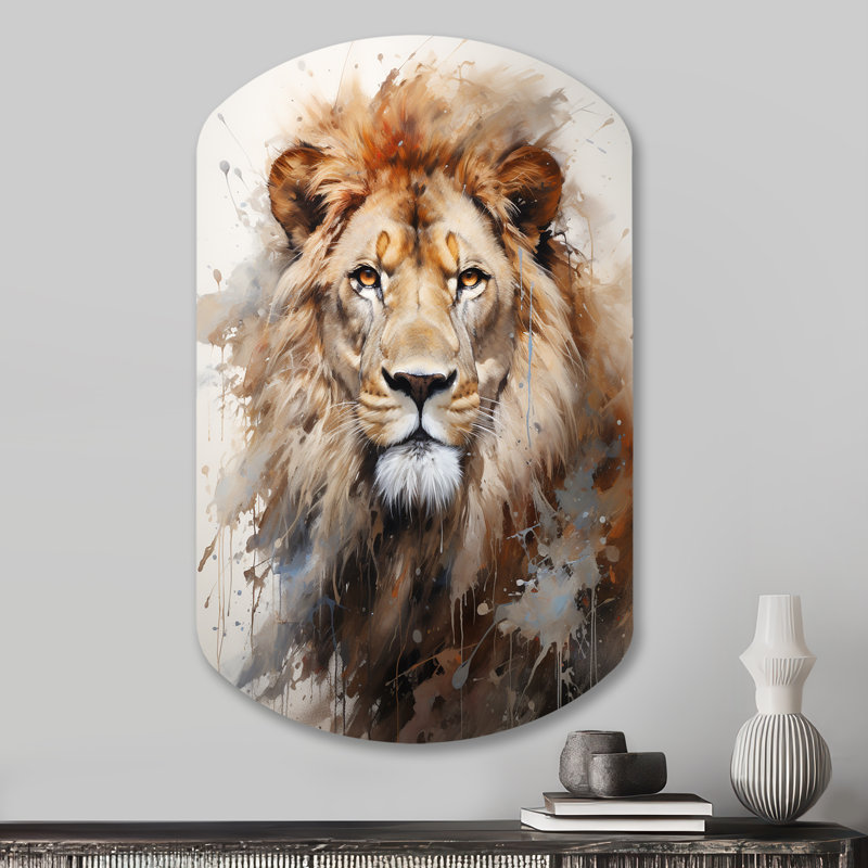 Photographie de portrait de lion - Décoration murale irrégulière en métal en forme de cylindre de lion, H 31 po x l 19 po