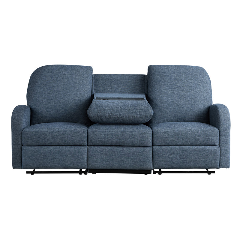 Hallstead 79.6" Wide Manual Reclining Sofa with Drop-Down Cup Holders and USB A/C Charging Ports, Woven Fabric, Blue