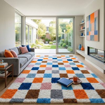 Plush Checkered Shag Area Rug - Soft Fluffy Multi-Color Grid Fleece Carpet for Living Room, Bedroom, Dry-Clean Only, High-Pile Shaggy Rug with Modern Pastel Checkerboard Pattern, Cozy Non-Slip Floor Decor for Contemporary Home Spaces