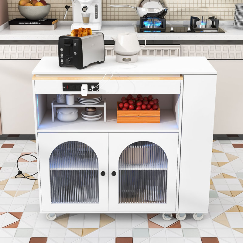 Rolling Kitchen Island with Extended Table, Kitchen Island with LED Light, Power Outlets and Storage, White