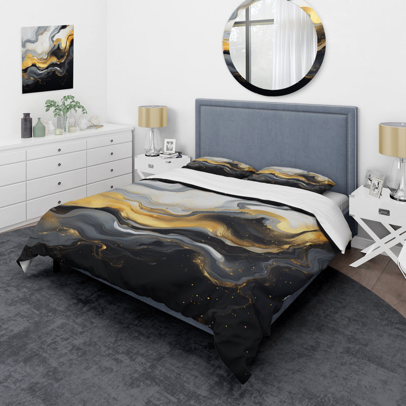Ensemble de housse de couette en marbre doré et noir Essence V - Abstract Marble