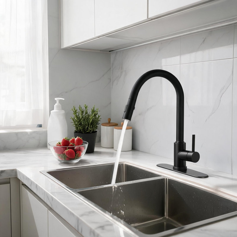 Robinet de cuisine en acier inoxydable noir mat avec douchette rétractable et bec pivotant à 360 degrés