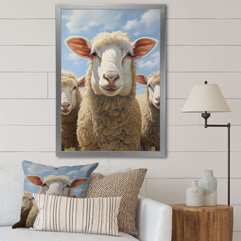 Sheep Family Selfie - Animaux, art mural, salon, H 20 po x l 12 po x P 1 po, Cadre photo argenté