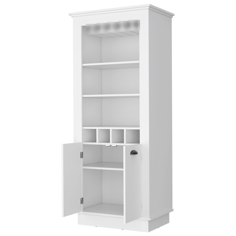 Modern White Cabinet For Bar With 4-built In And Display Compartment Elegant Storage Wine Rack Glass Area, White