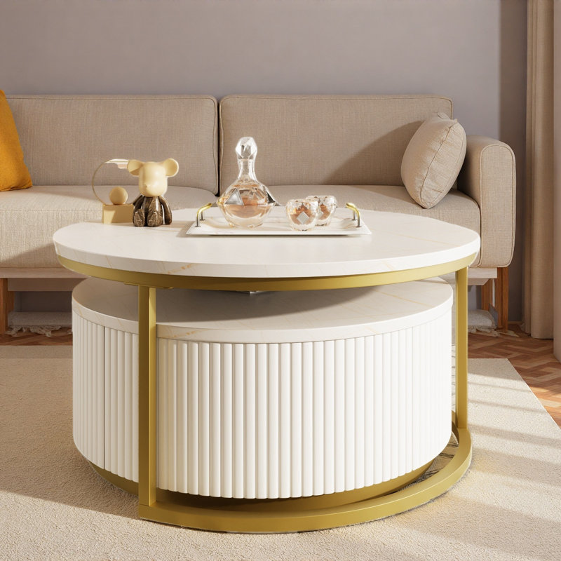 Table basse gigogne ronde avec motif cannelé et 1 tiroir, White