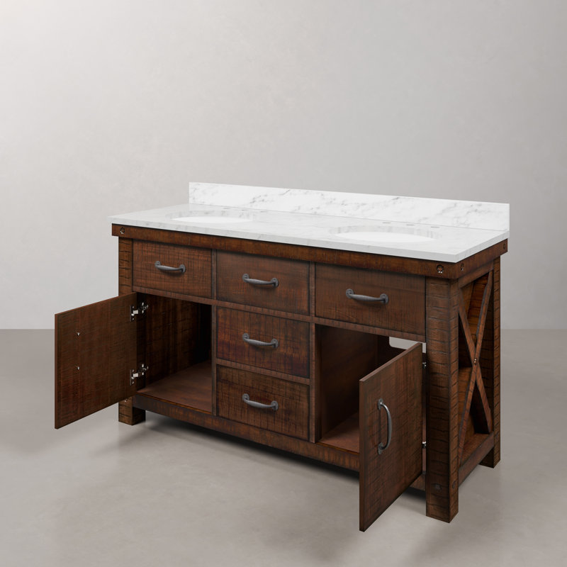 Aberdeen 60'' W Double Vanity, Rustic Sienna, Carrara White
