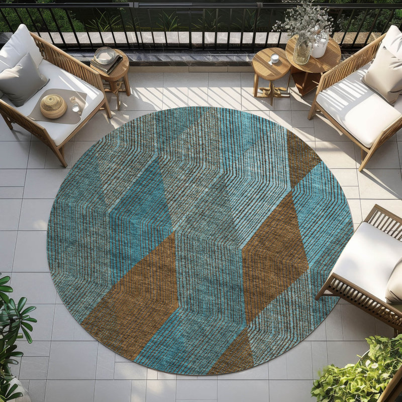 Teal Round 8 ft. Machine-Washable Synthetic Rug