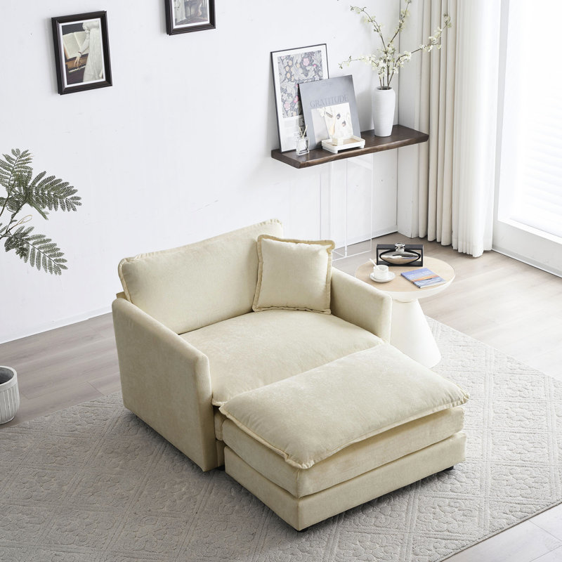 Fauteuil moderne avec chenille beige - tissu haut, bois, assise en bois massif, revêtement, pour diverses pièces