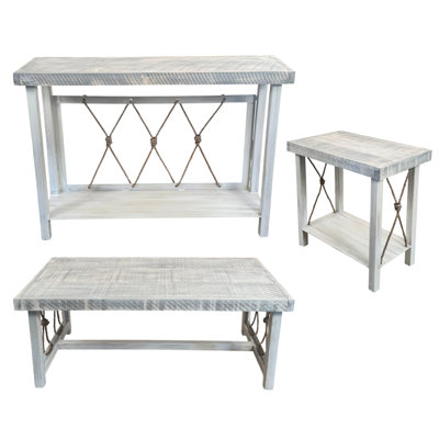 Ensemble de table en corde nouée patinée avec plateau de table Rough Sawn Tops. 1 table basse, 1 table basse rectangulaire, 2 tables de bout rectangulaires en fer