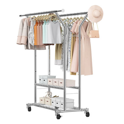 Portant à vêtements roulant avec 2 tringles de suspension et 2 tablettes - Portant à vêtements en acier au carbone à hauteur réglable, capacité de 264 lb, roues verrouillables pour la chambre à coucher, la buanderie, le salon, le placard
