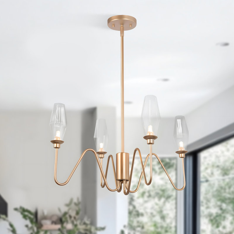 4-Light Gold Candle-Style Chandelier with Clear Glass Shade for Dry Indoor