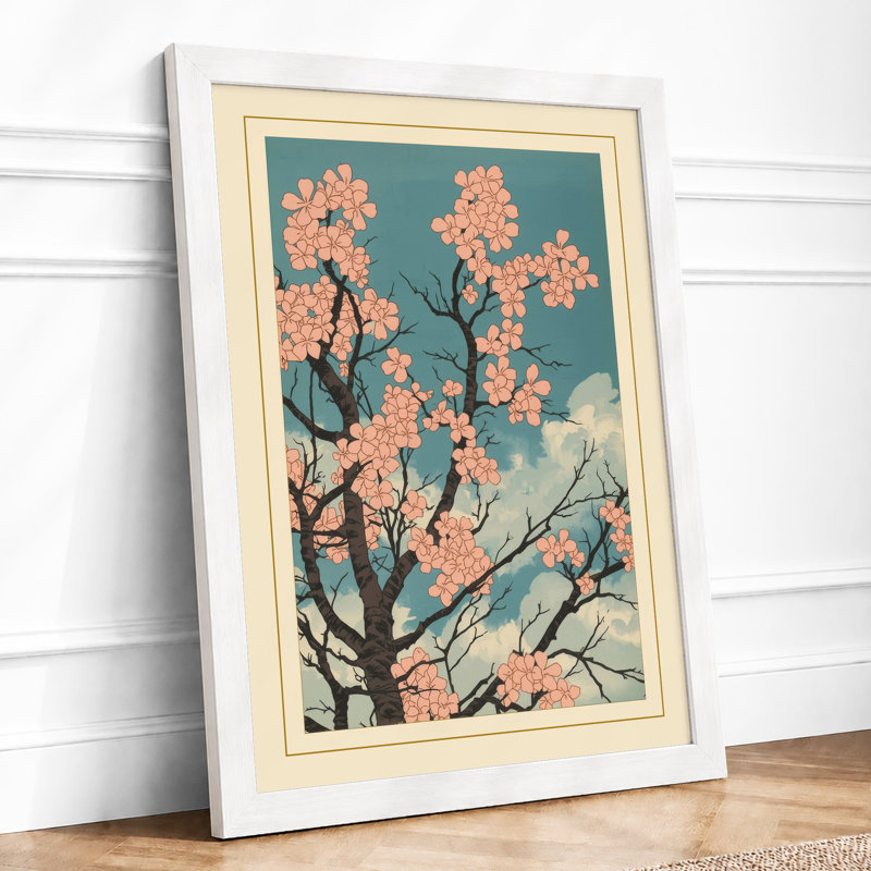 Moonlit Cherry Blossom Japandi - Framed Print, A2 - 59.4 x 42.0 cm, White