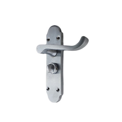 Epsom Design Victorian Style Bathroom Door Handles on Shaped Backplate in Satin Brushed Chrome, Internal Pack with Hinges and Latches, Privacy Set - 168mm x 40mm