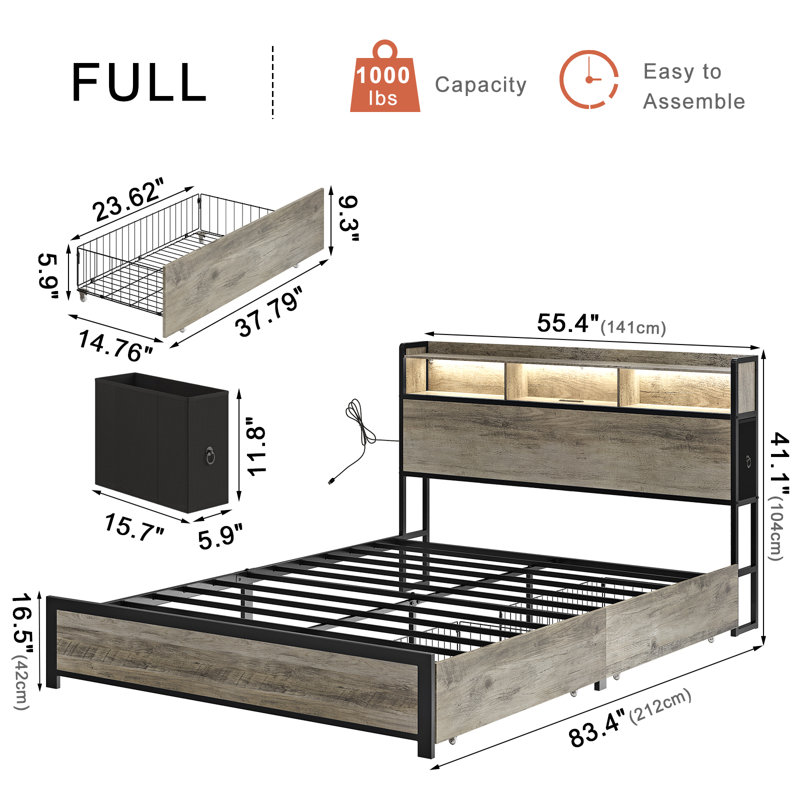 Lit double Livia avec 2 tiroirs sous le lit, lit plateforme moderne avec station de recharge et éclairage DEL, tête de lit avec rangement, 2 tiroirs de chevet et étagères ouvertes, gris