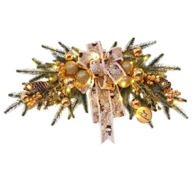 Guirlande de Noël artificielle pré-illuminée pour porte d'entrée, guirlande horizontale avec nœud à motif bonhomme de neige, boules dorées, pommes de pin et étiquette en bois, décoration murale, de foyer ou de porche pour les fêtes d'hiver
